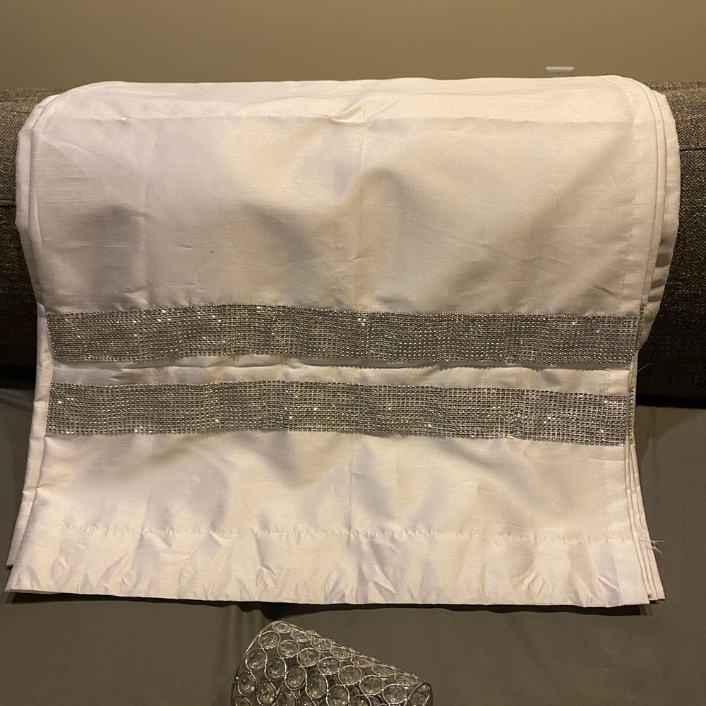 Pair of glam curtain panels white satin with rhinestone trim